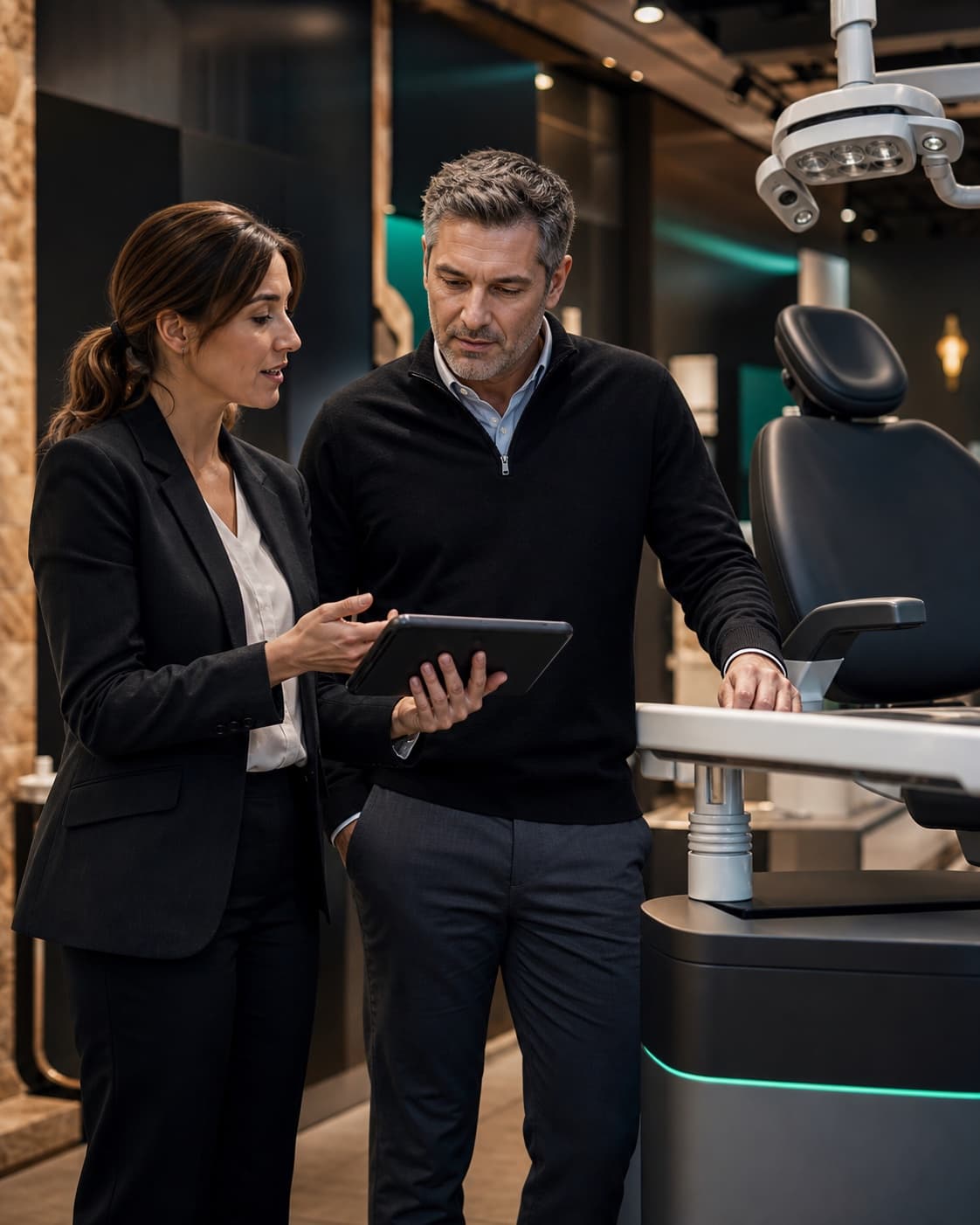 Equipment vendor representative showing a professional device and financing workflow to a business buyer
