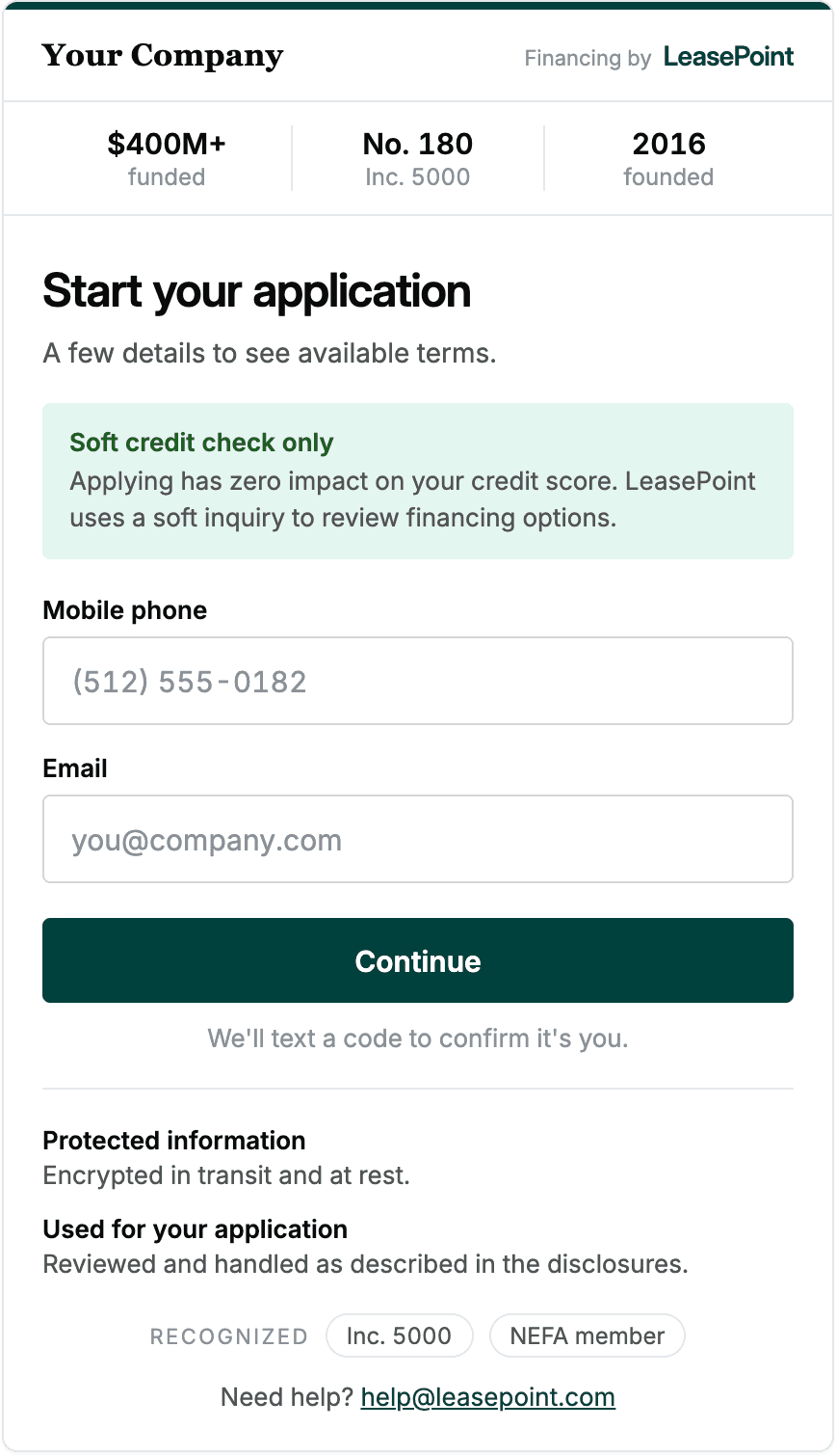 LeasePoint Apply application start screen